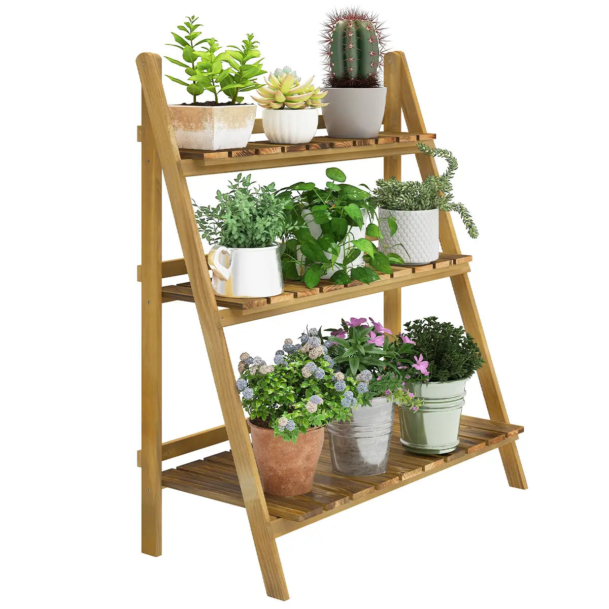 Foldable 3-Tier Wooden Plant Shelf, Outdoor Plant Stands Carbonized Wood Color at Gallery Canada