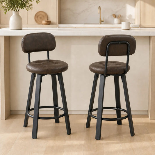 Upholstered Bar Stools Set Of 2, With Footrest And Backrest, Brown