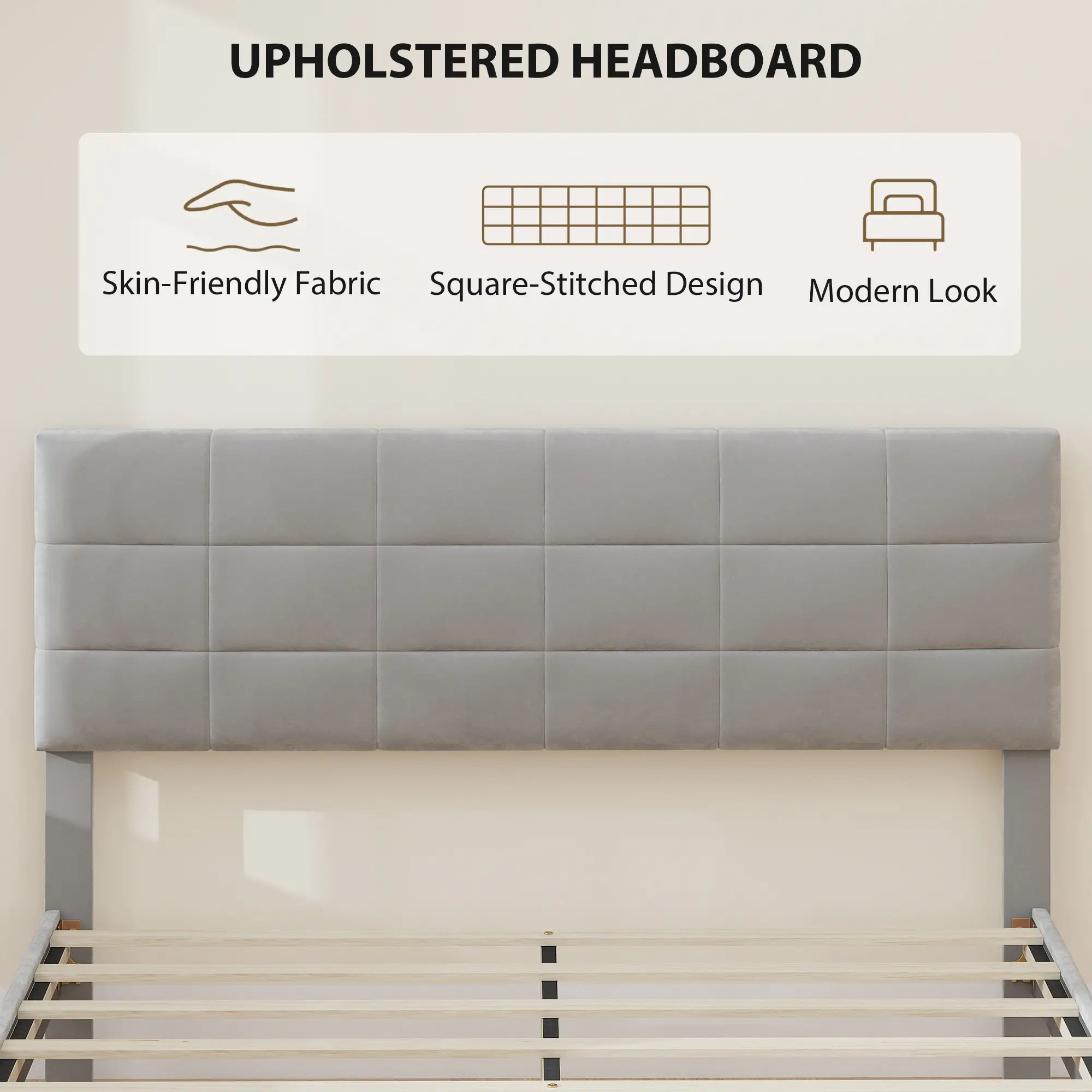 Queen Size Bed Frame, Upholstered Headboard, Wood Slats, 1100 lbs, Grey Bed Frames at Gallery Canada