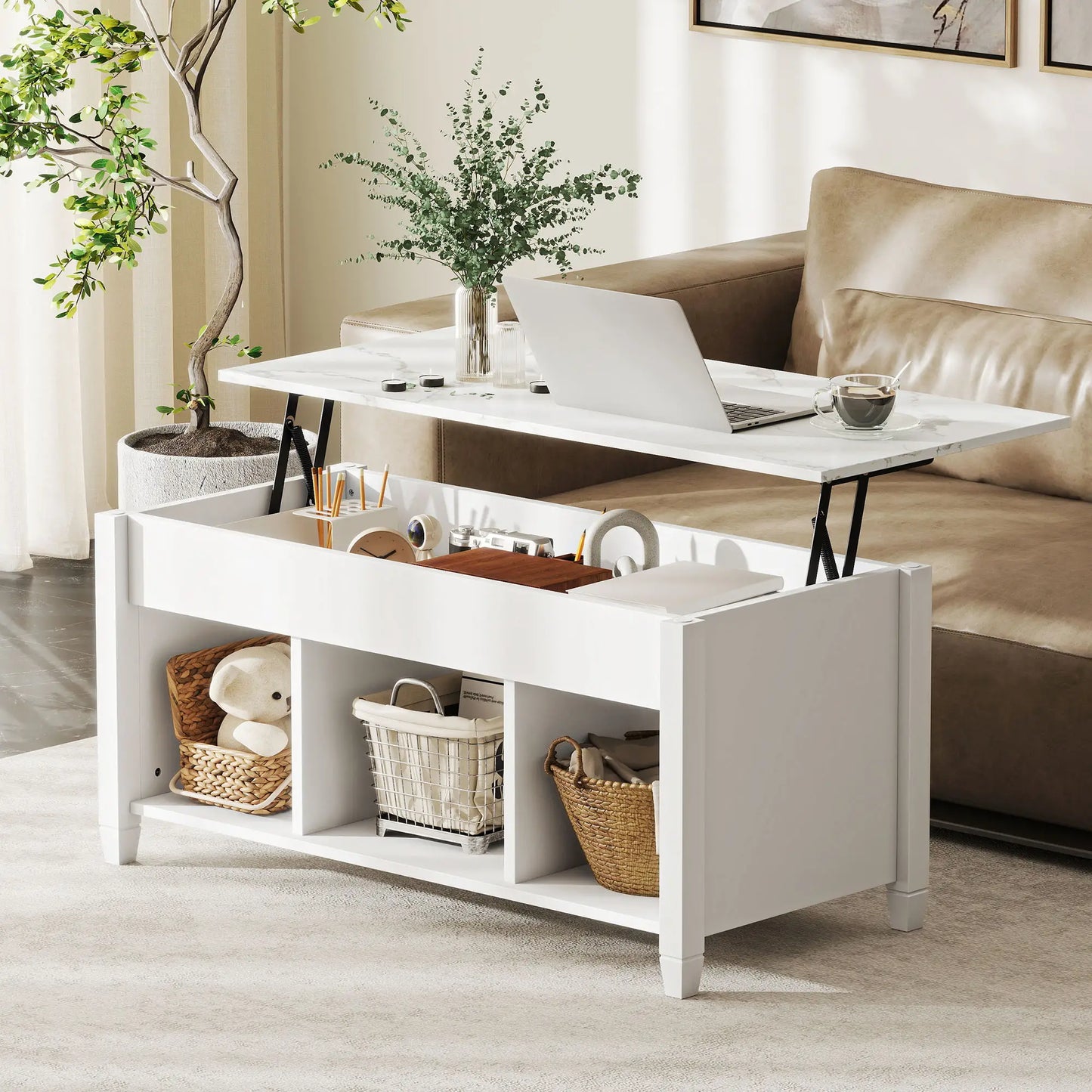 Lift Top Coffee Table, Storage Shelves, Hidden Compartment, 41" L, White Coffee Tables at Gallery Canada