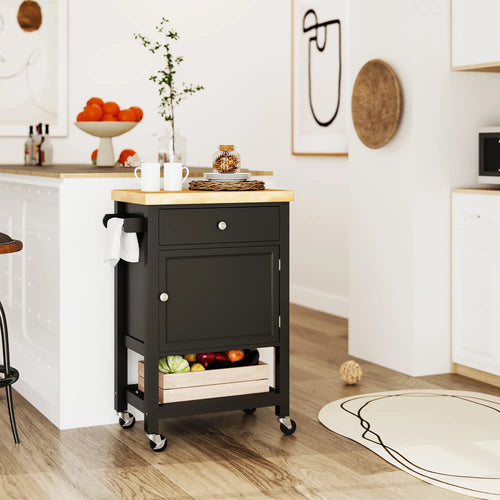 Rolling Kitchen Cart, Wood Top with Towel Rack, Drawer, Shelf, Black