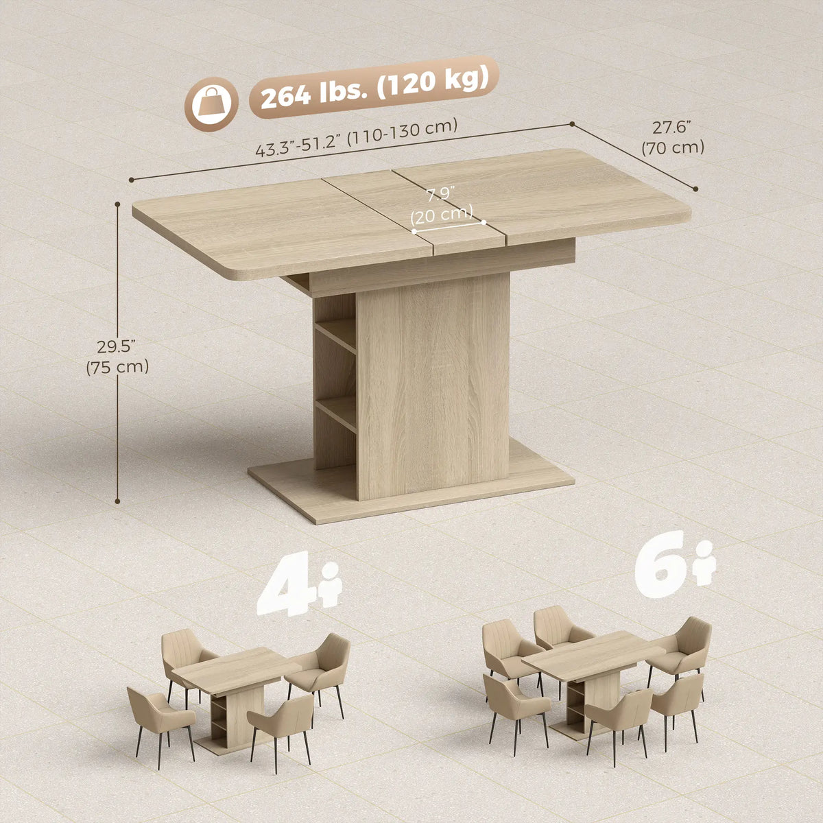 Extendable Dining Table, 43.3"-51.2", Natural Wood, 6 Shelves Dining Tables at Gallery Canada