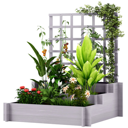 Wooden Elevated Planter Box with Trellis, 3 Tier Raised Garden Bed, Grey