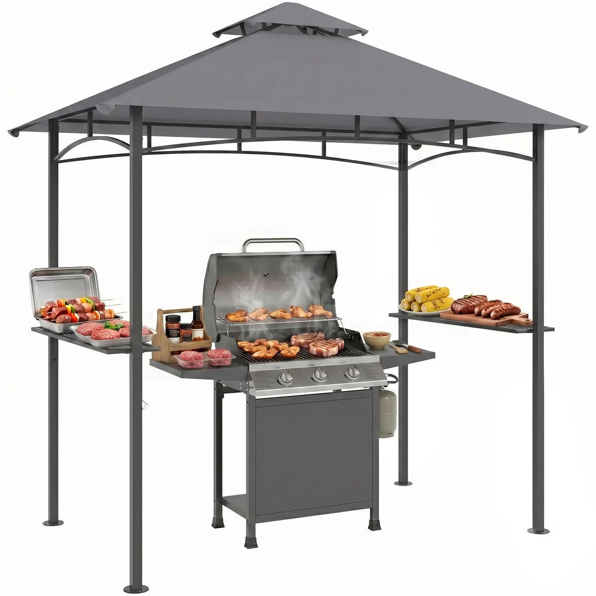 8' x 5' BBQ Grill Gazebo Tent, Double Tiered Canopy, Outdoor Sun Shade, Grey