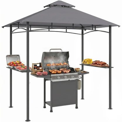 8' x 5' BBQ Grill Gazebo Tent, Double Tiered Canopy, Outdoor Sun Shade, Grey