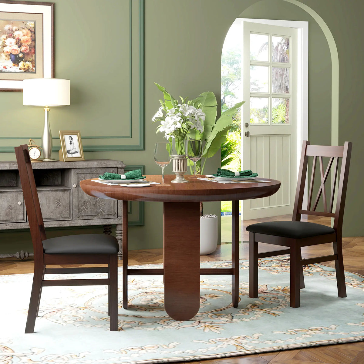 Farmhouse Dining Table Chairs Set of 2, Pine Wood, PU Leather Cushion Bar Stools at Gallery Canada