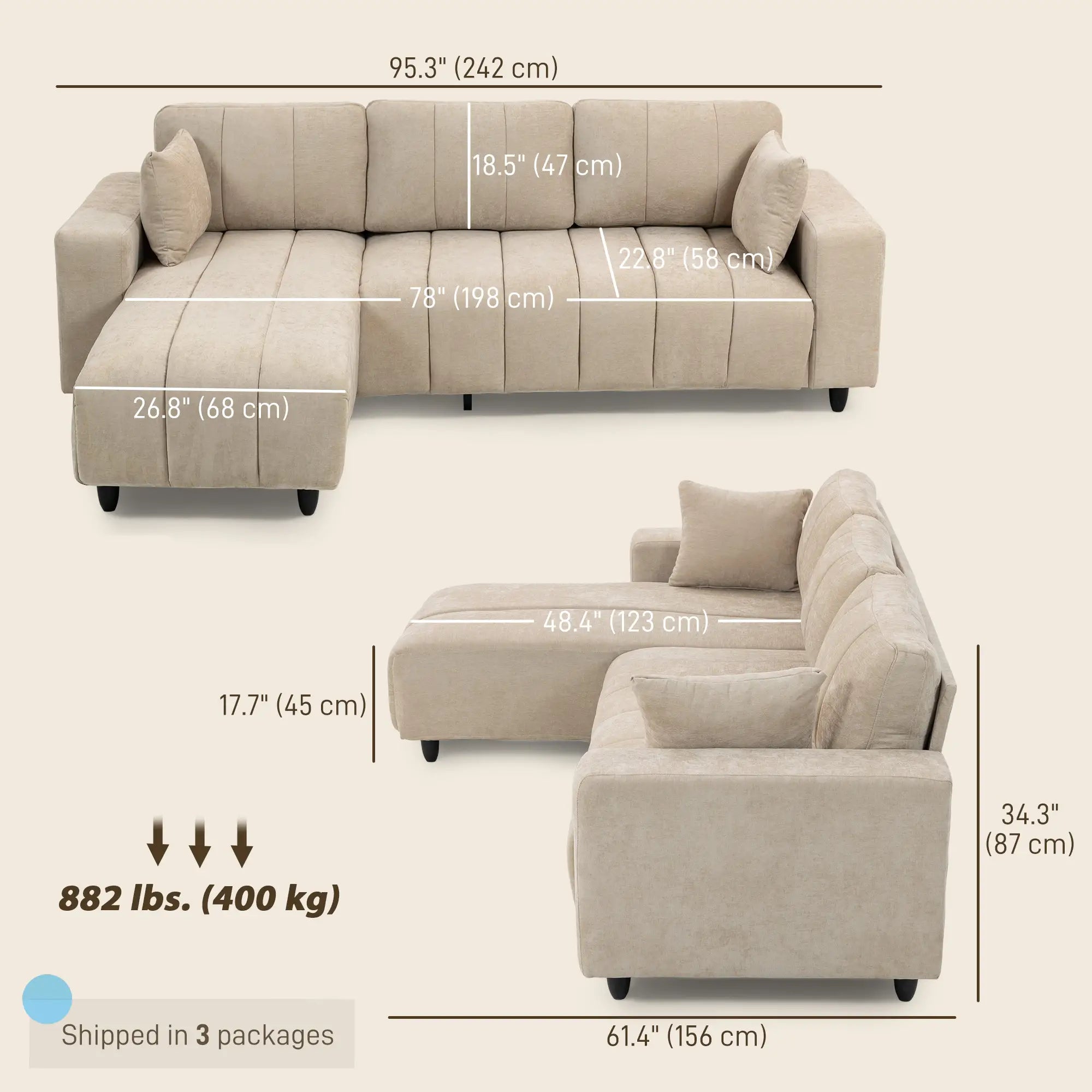 3-Seater L-Shape Sectional Sofa with Chaise, Spring Cushion, Pillows, Beige L Shaped Couchs at Gallery Canada