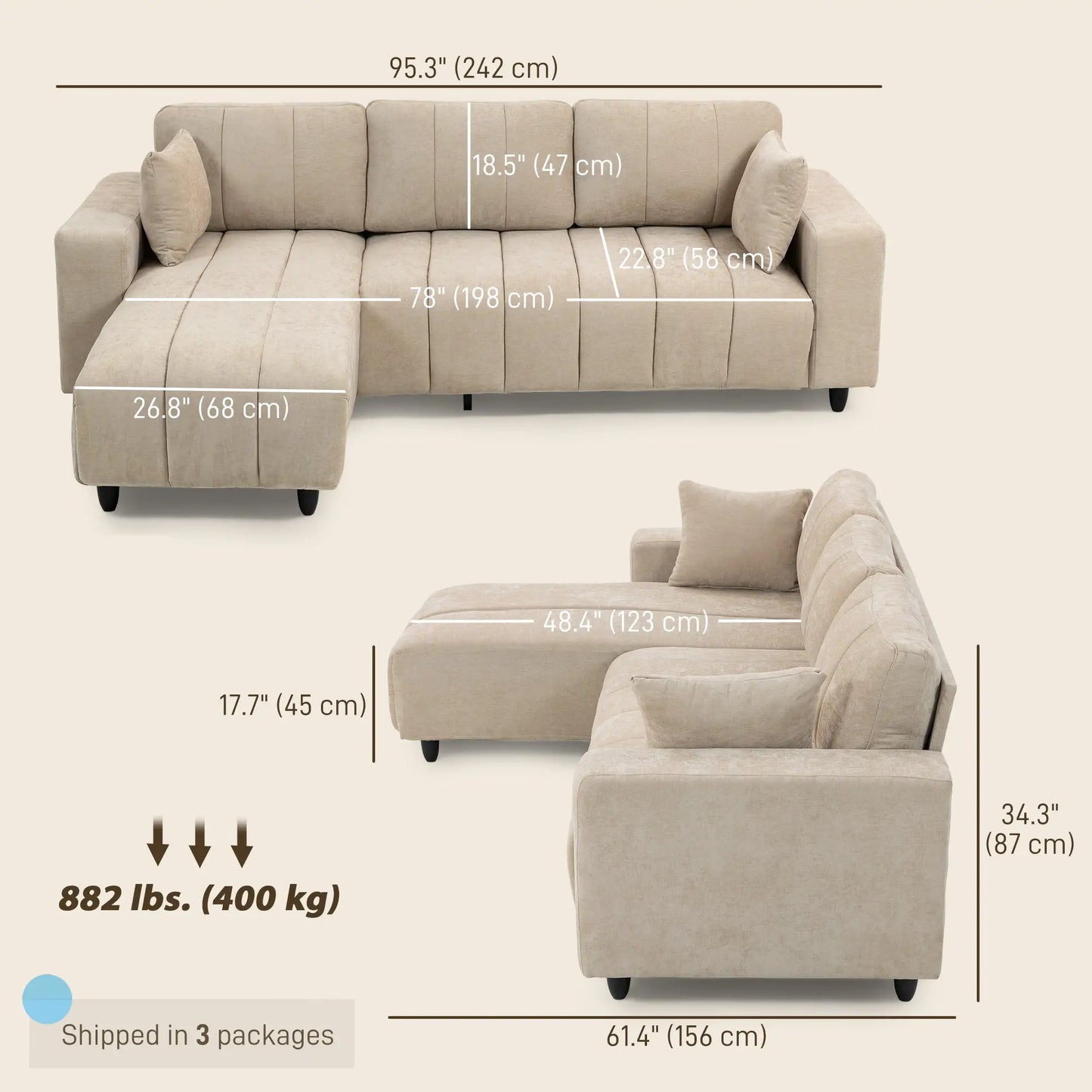 3-Seater L-Shape Sectional Sofa with Chaise, Spring Cushion, Pillows, Beige L Shaped Couchs at Gallery Canada