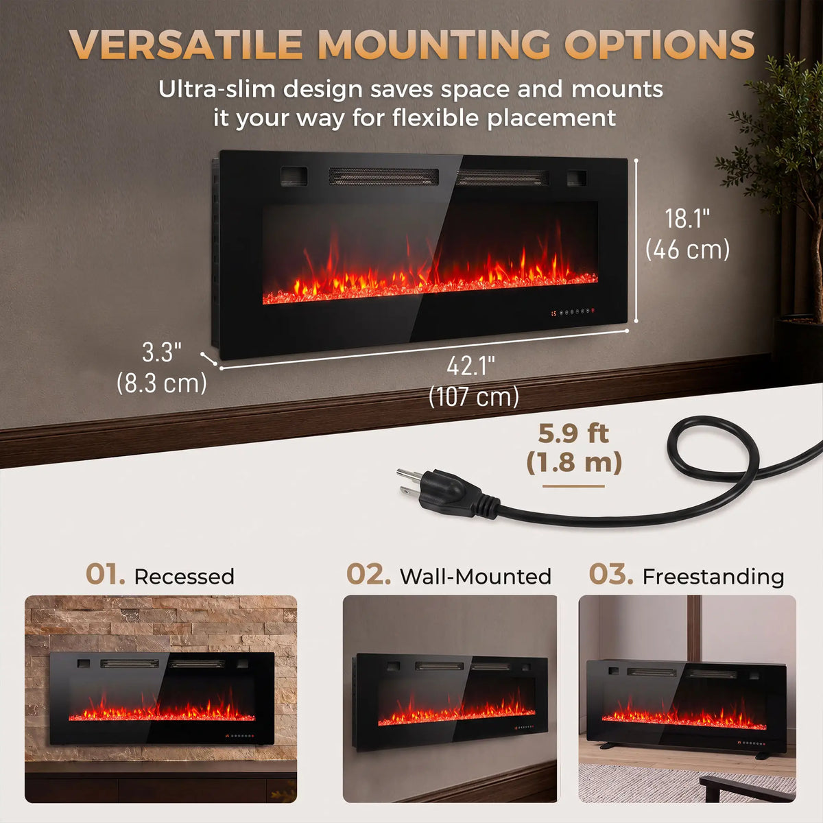 42" Electric Fireplace, Ultra-Thin Recessed, Wall Mounted, Black, Black Electric Fireplaces at Gallery Canada