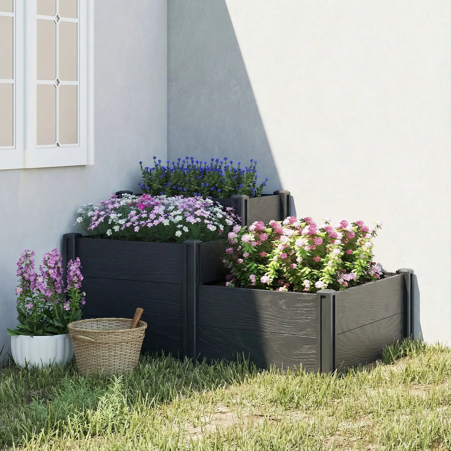 3-Tier Elevated Garden Box, Vinyl Raised Bed Kit, Grey Wood Effect, Grey Wooden Planter Boxes at Gallery Canada