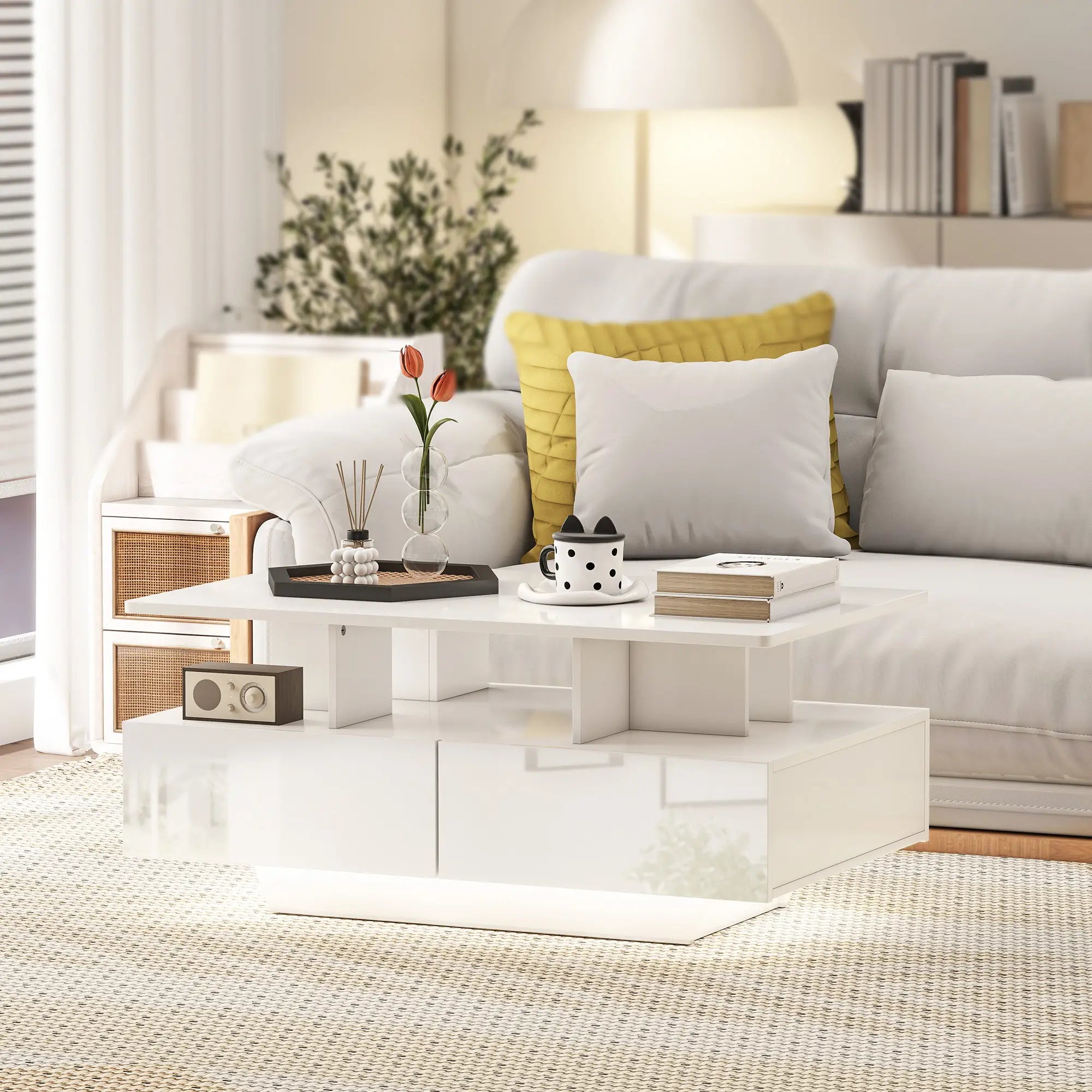 Modern Coffee Table with RGB LED Lights, 4 Drawers, Open Shelf, Remote, High Gloss White, White Coffee Tables at Gallery Canada