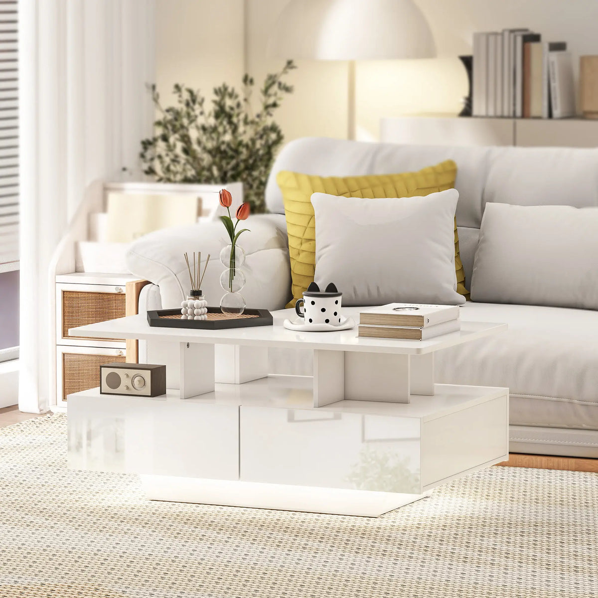 Modern Coffee Table with RGB LED Lights, 4 Drawers, Open Shelf, Remote, High Gloss White, White Coffee Tables at Gallery Canada