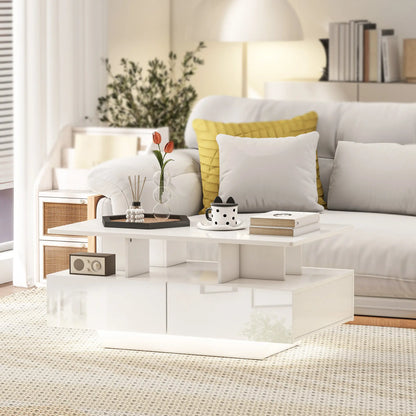 Modern Coffee Table with RGB LED Lights, 4 Drawers, Open Shelf, Remote, High Gloss White, White Coffee Tables at Gallery Canada
