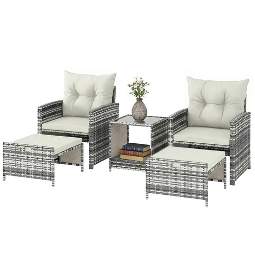 5 Piece Patio Furniture Set, Wicker Chairs With Ottomans, 2-Tier Glass Coffee Table, Grey/Cream White