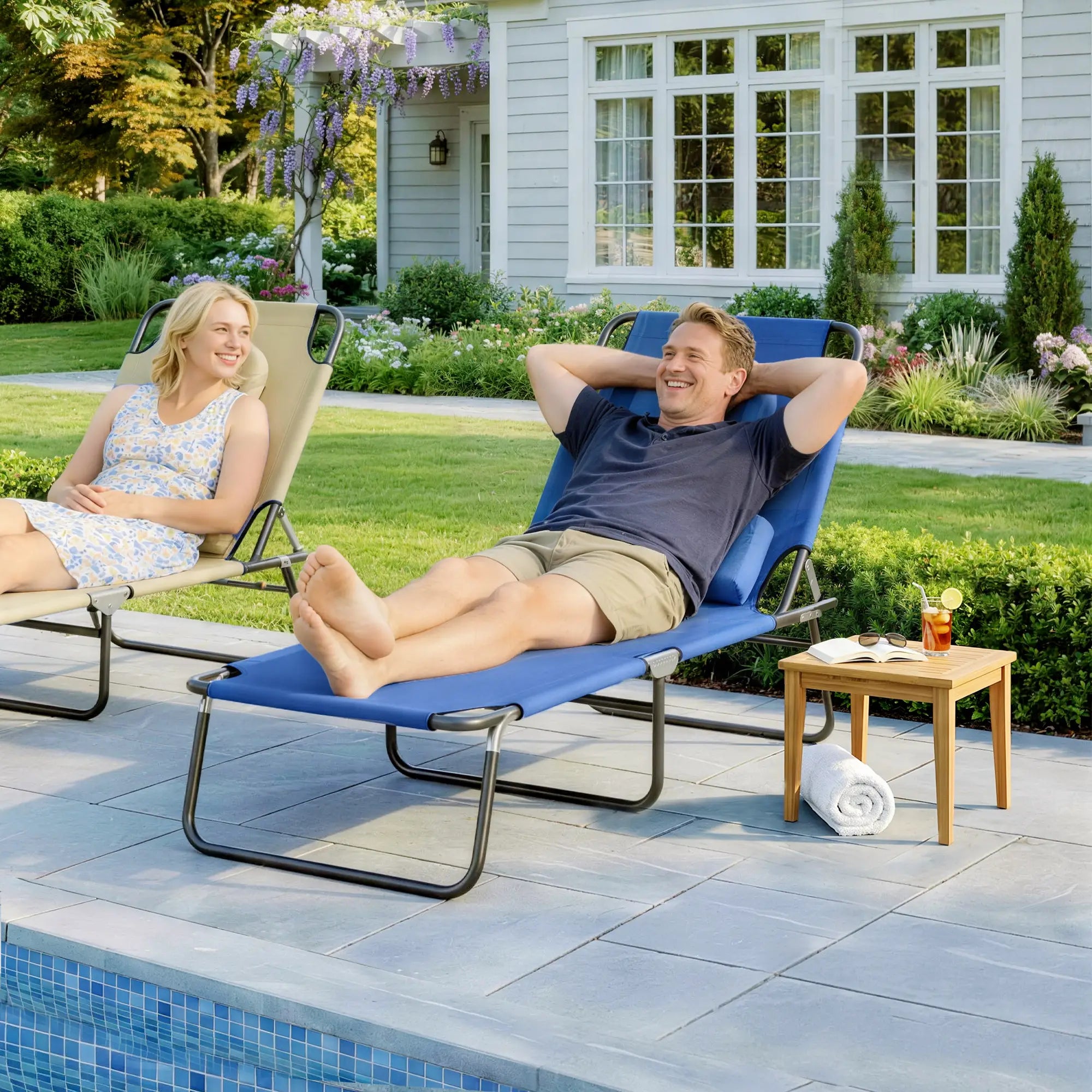 Adjustable Outdoor Lounge Chair, Folding Chaise with Face Hole, Blue Lounger Chairs at Gallery Canada