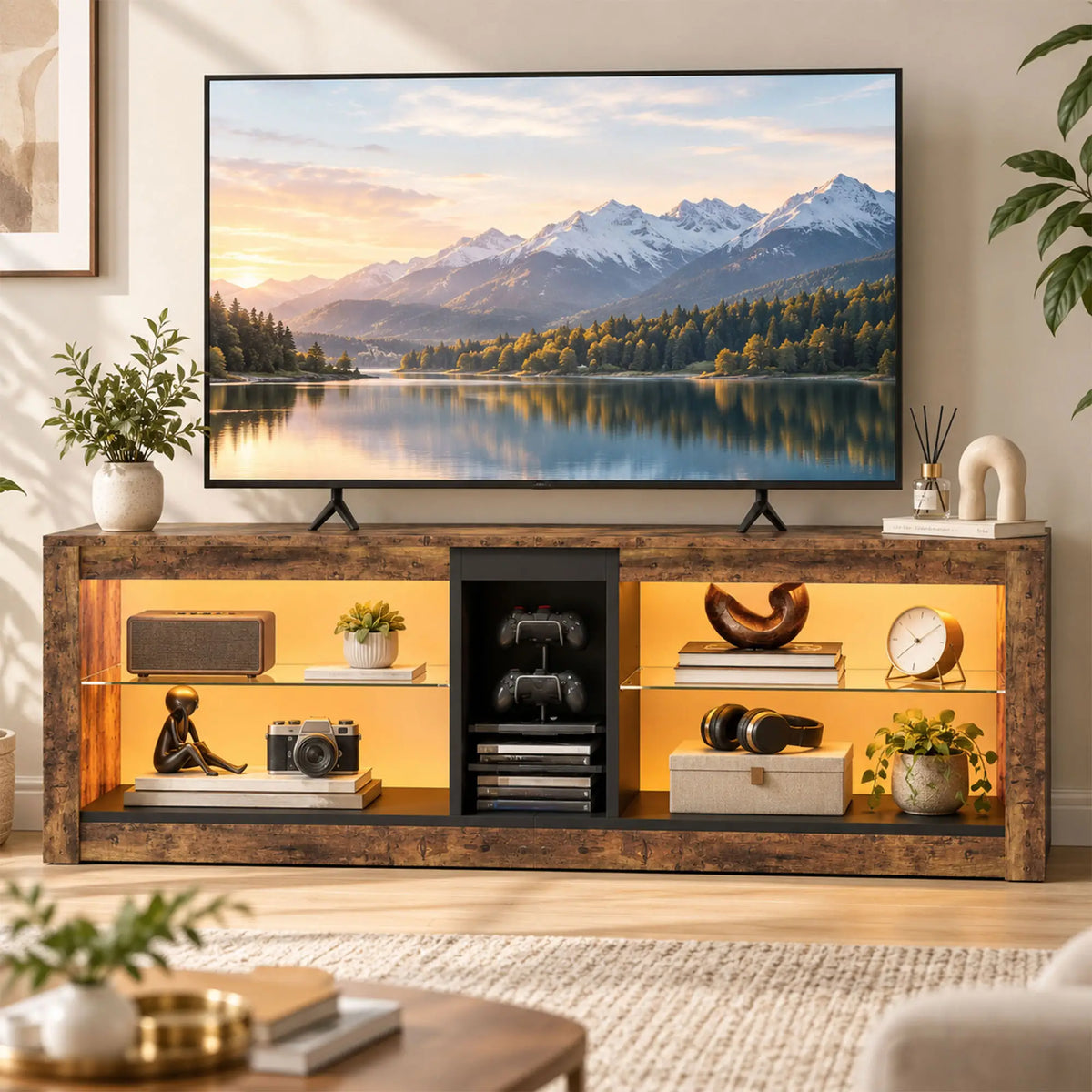 TV Stand Cabinet With LED Lights, Remote, Shelves, Rustic Brown TV Stands at Gallery Canada