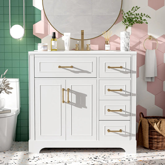 Bathroom Vanity, Ceramic Sink, Soft-Close Doors, 36" L x 18.5" W x 34" H, White Sink Cabinets White at Gallery Canada