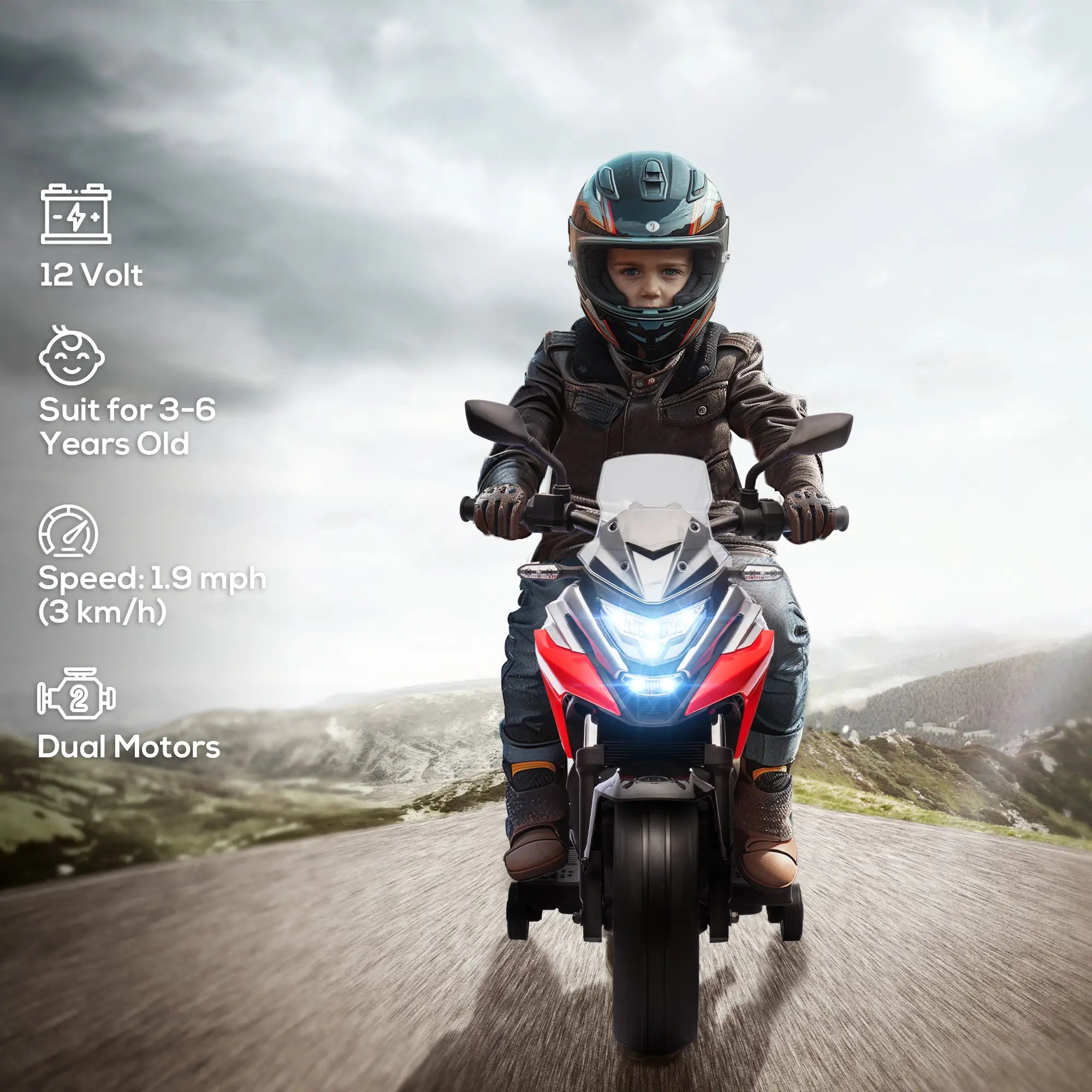 12V Ride on Motorbike for Kids, with Headlights Music Training Wheels, Red Electric Motorcycles at Gallery Canada