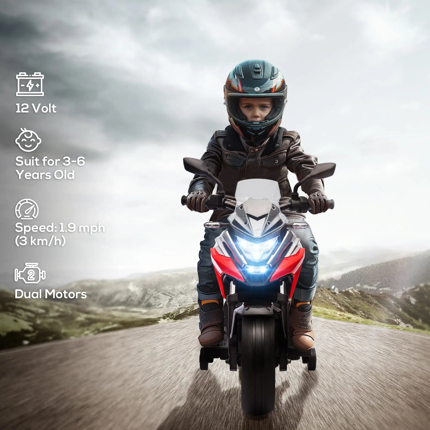 12V Ride on Motorbike for Kids, with Headlights Music Training Wheels, Red Electric Motorcycles at Gallery Canada