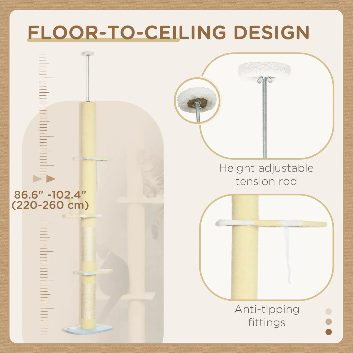 87"-102" Cat Tree, Sisal Scratching Posts, Anti-Tip Kit, Yellow Floor to Ceiling Cat Trees at Gallery Canada