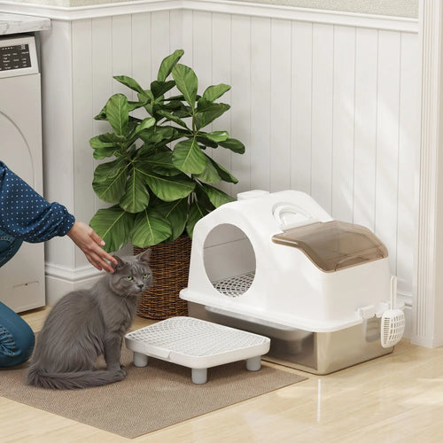 Extra Large Stainless Steel Cat Litter Box, High Sided, Removable Lid