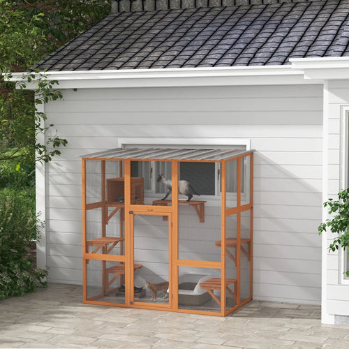 Outdoor Cat Enclosure, Window Box, Weatherproof Roof, Bridge, Resting Box, Platforms, for 2 Kittens, Orange