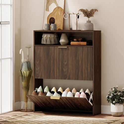 Shoe Cabinet 2 Flip Drawers, Narrow Storage, Top Shelf