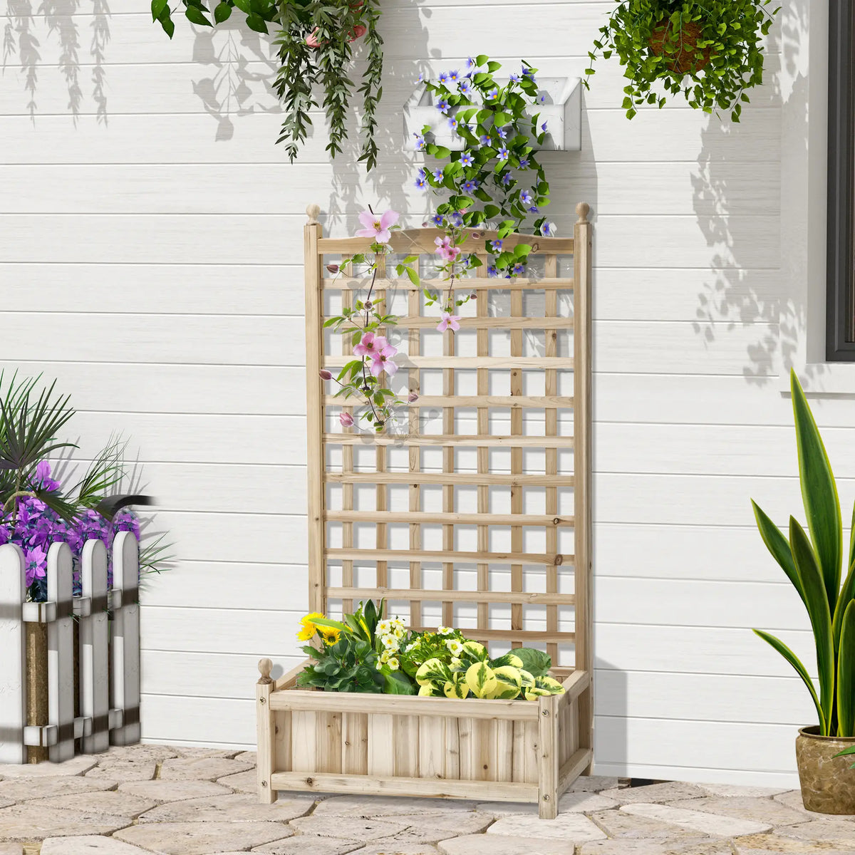 Raised Garden Bed With Trellis, Wood Planter Box, 25.2" x 11" x 47.2" Natural Wood Raised Garden Beds at Gallery Canada