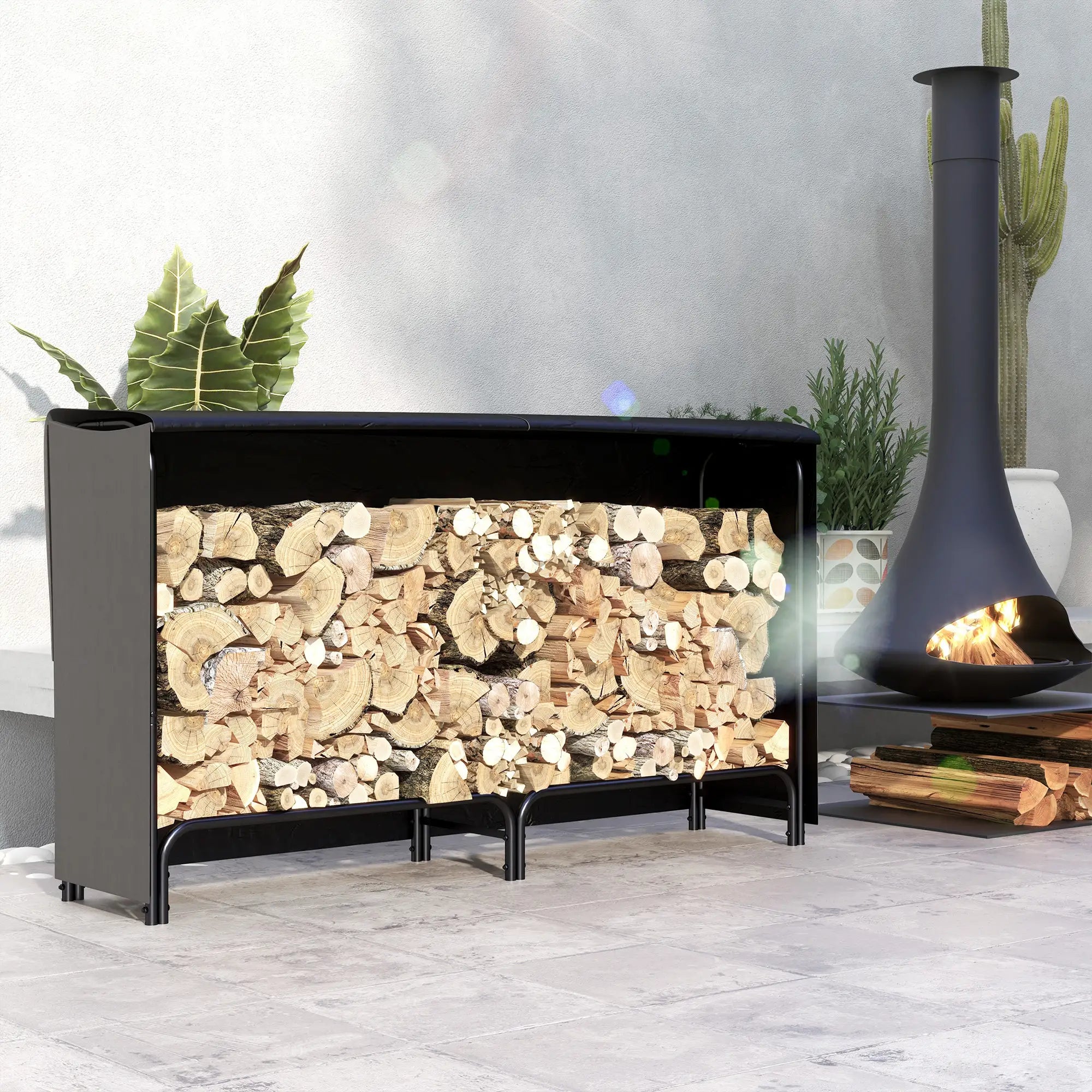 6ft Outdoor Firewood Rack with Cover, Adjustable Log Holder, Black Firewood Racks at Gallery Canada