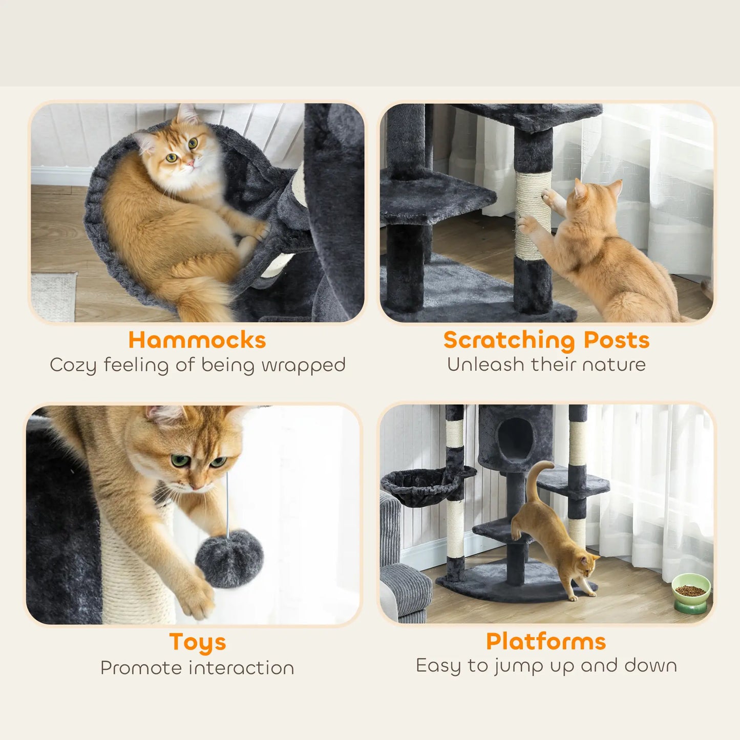 62" Cat Tree, Scratching Post, 2 Condos, Hammock, Perches, Dark Grey Multi-Level Cat Towers at Gallery Canada
