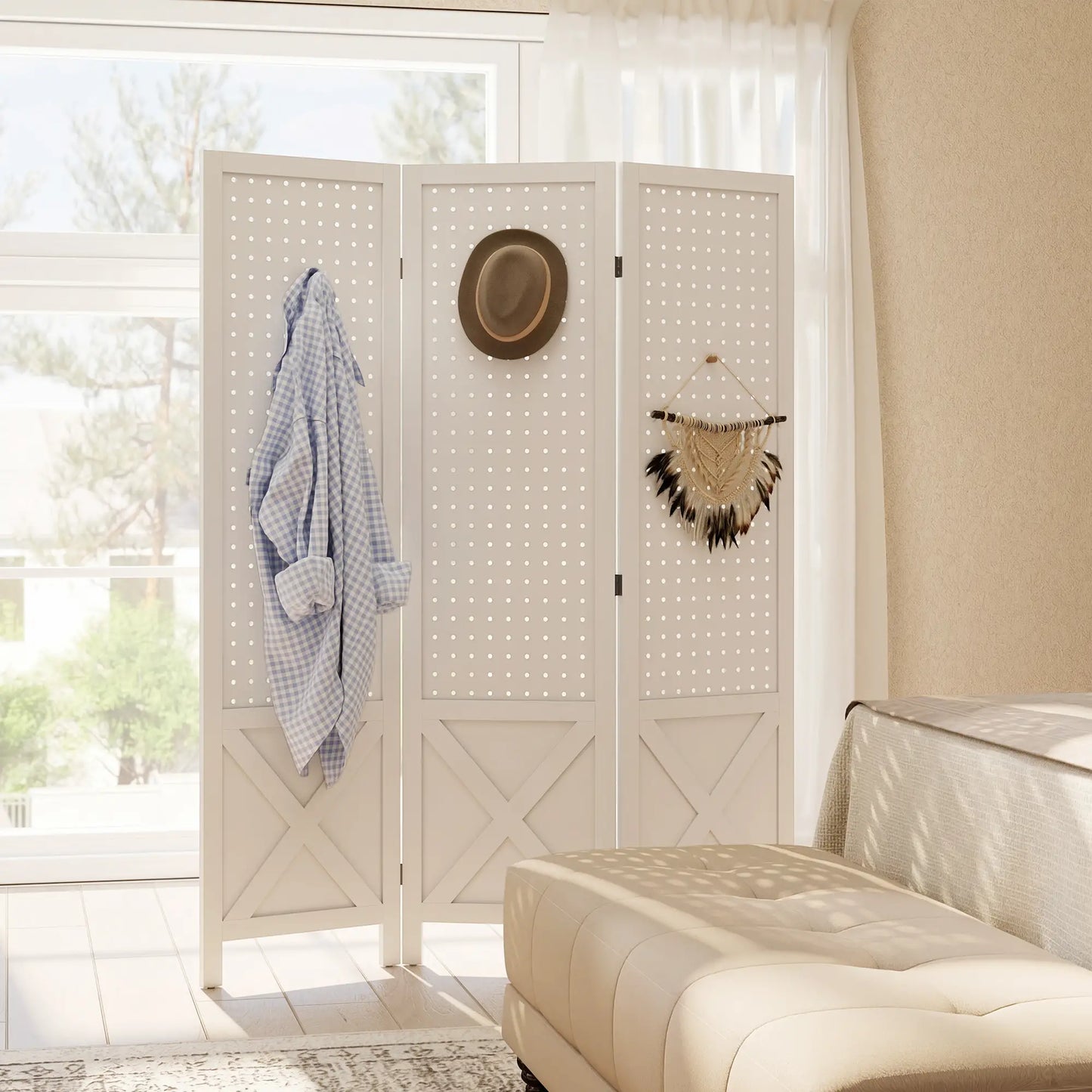 56.9" 3 Panel Wooden Room Divider With Pegboard Display, White Room Dividers at Gallery Canada