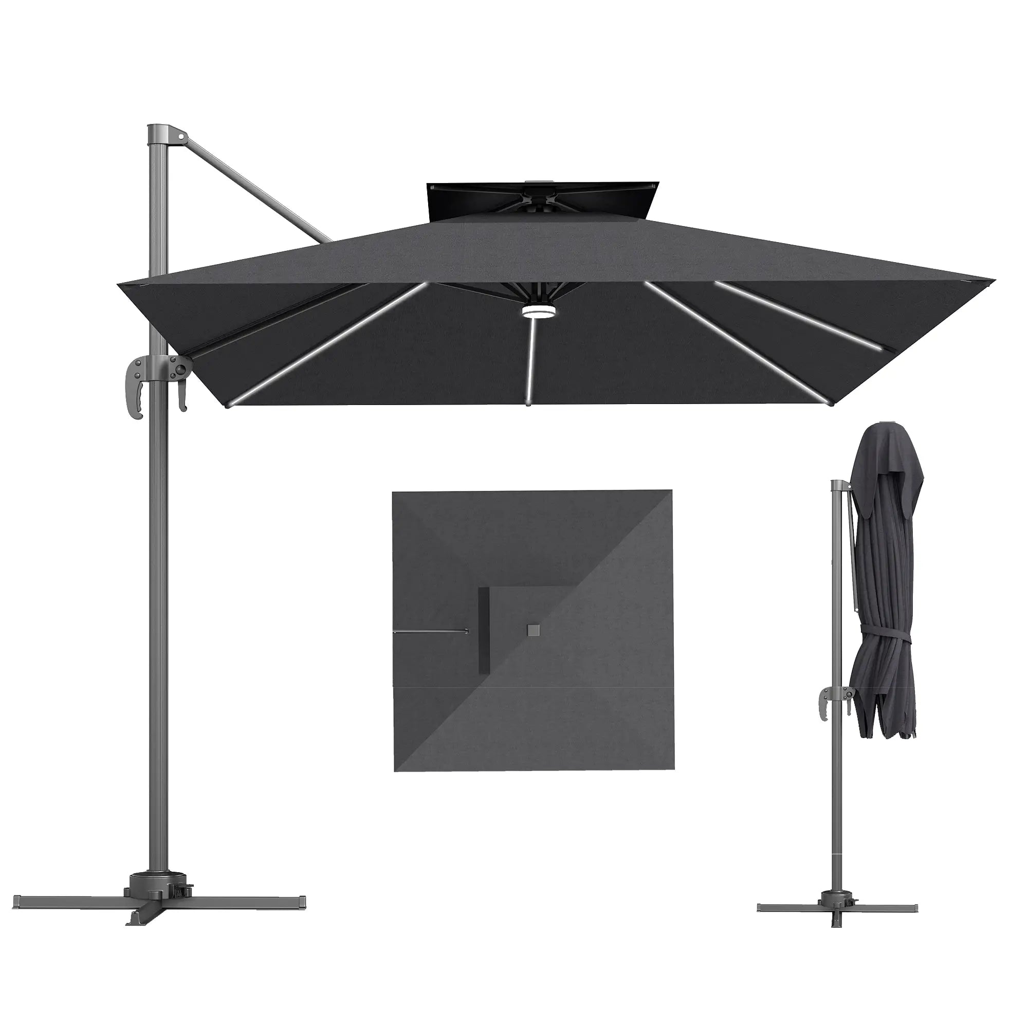 8' Cantilever Patio Umbrella, LED Lights, 360°Rotation, Dark Grey Offset Cantilever Umbrellas at Gallery Canada