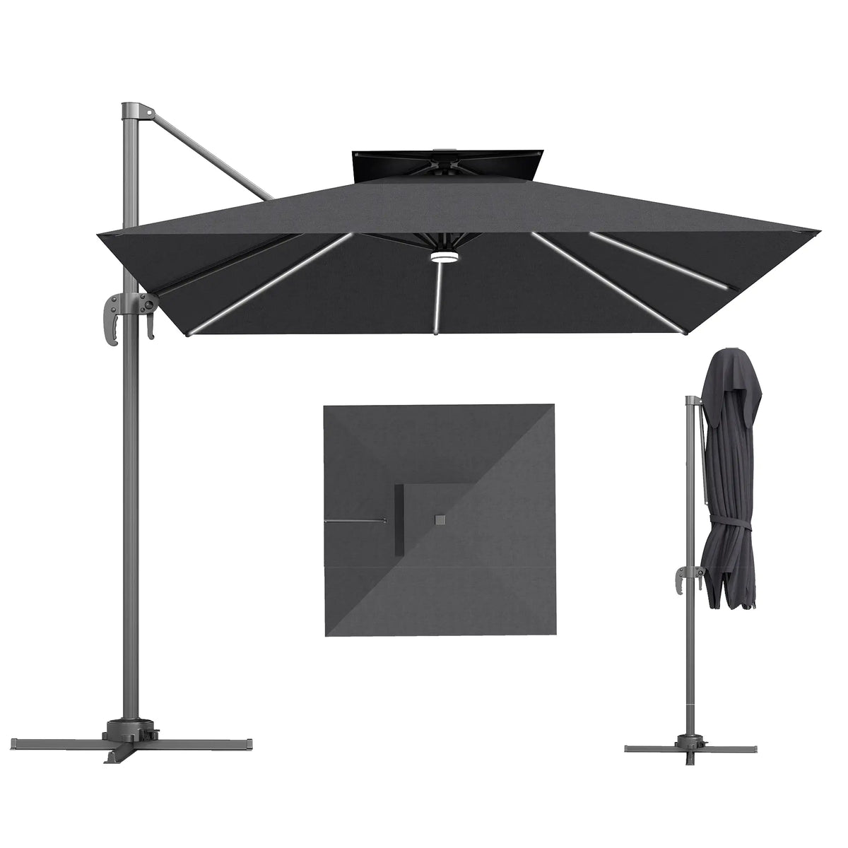8' Cantilever Patio Umbrella, LED Lights, 360°Rotation, Dark Grey Offset Cantilever Umbrellas at Gallery Canada