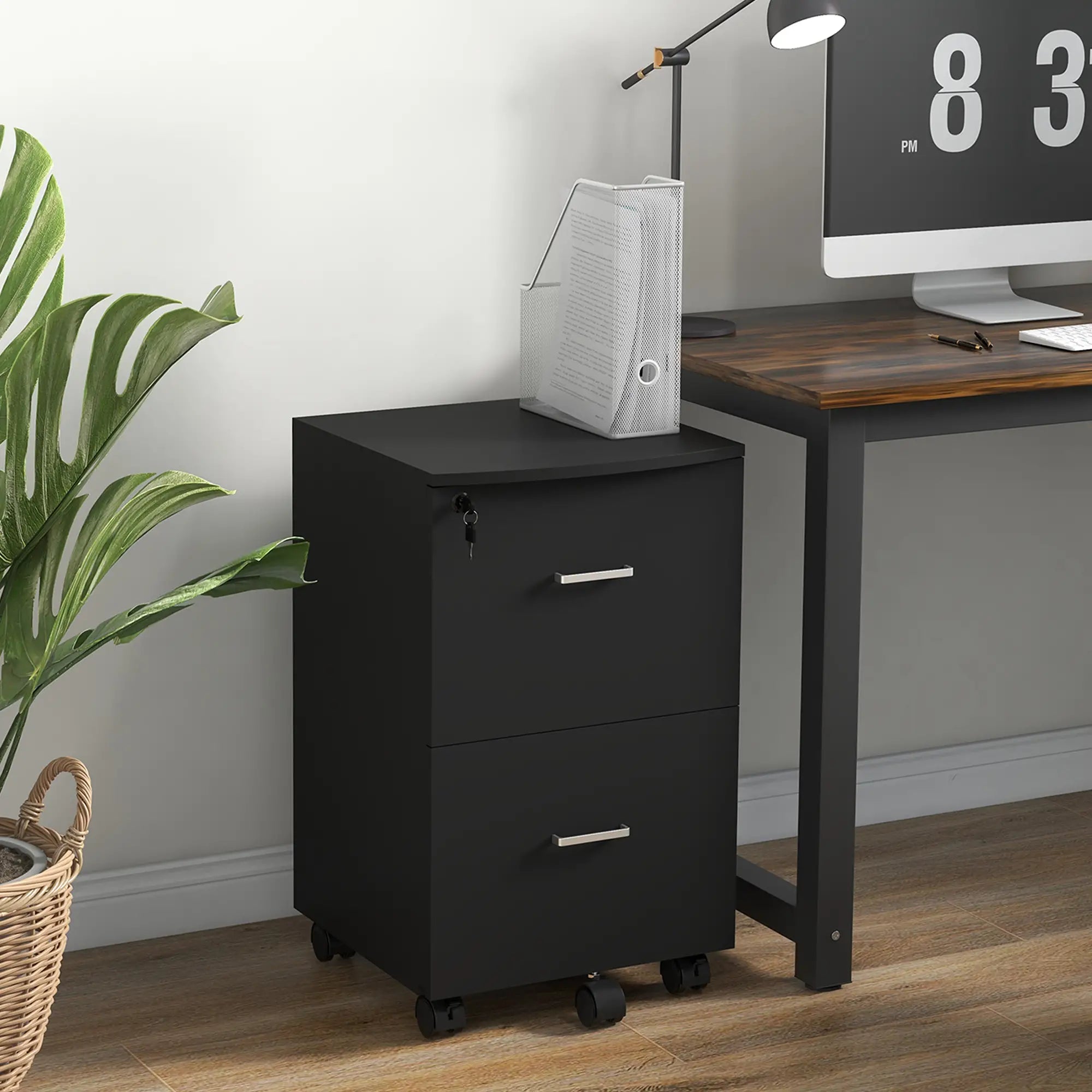 2 Drawer Mobile File Cabinet, Wood Office Filing Cabinet with Lock, Letter and A4 Size, Black Office Cabinets & Cupboards at Gallery Canada