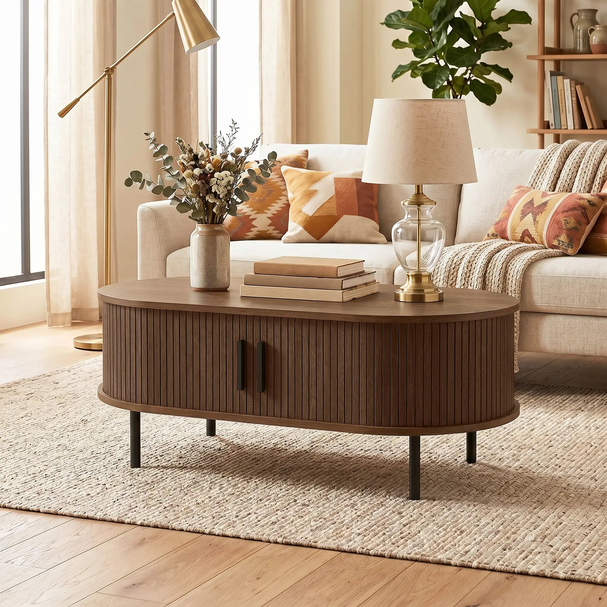 Coffee Table with Sliding Tambour Doors and Storage Center Table with Metal Legs, 39
