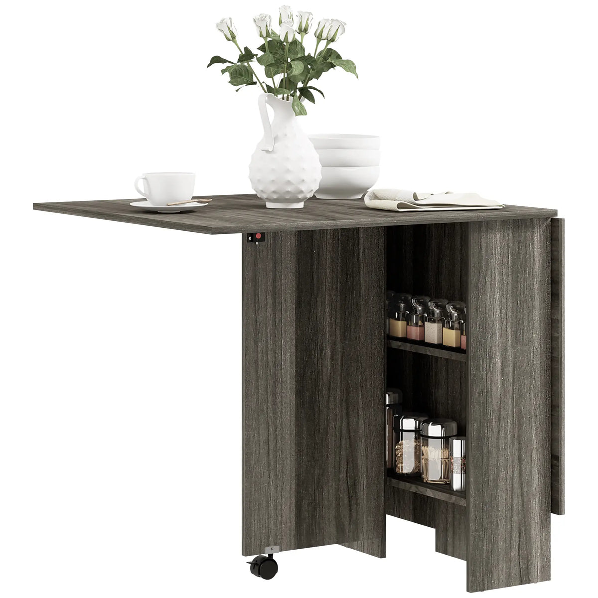 Extendable Dining Table, Collapsible w/ Shelves, Grey Wood Grain, Grey Dining Tables at Gallery Canada