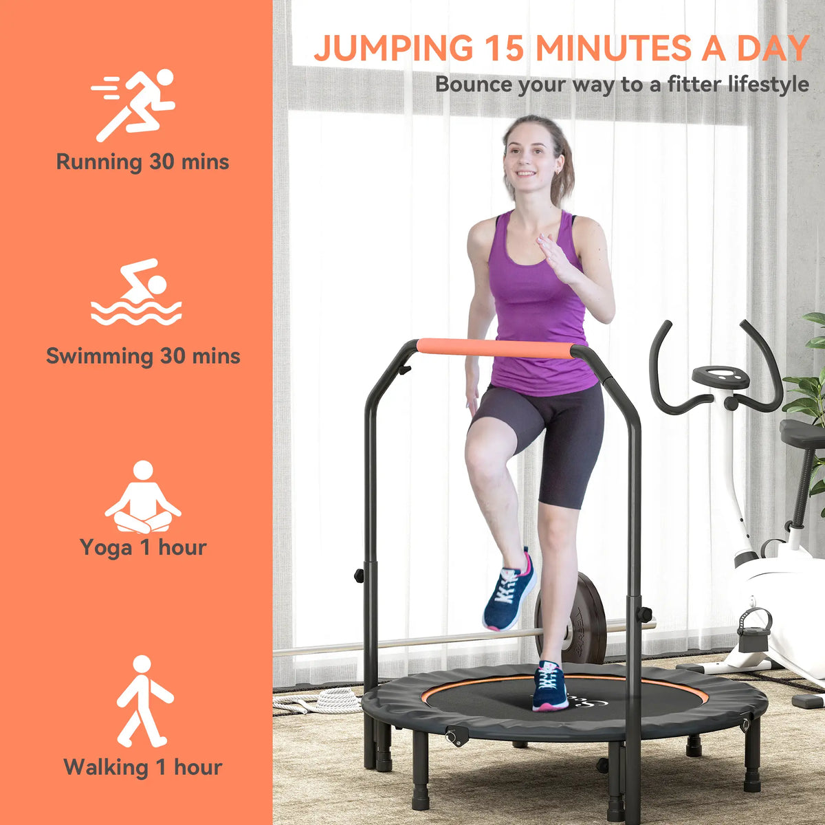 45" Foldable Mini Fitness Trampoline, Adjustable Foam Handle, Orange Trampolines at Gallery Canada