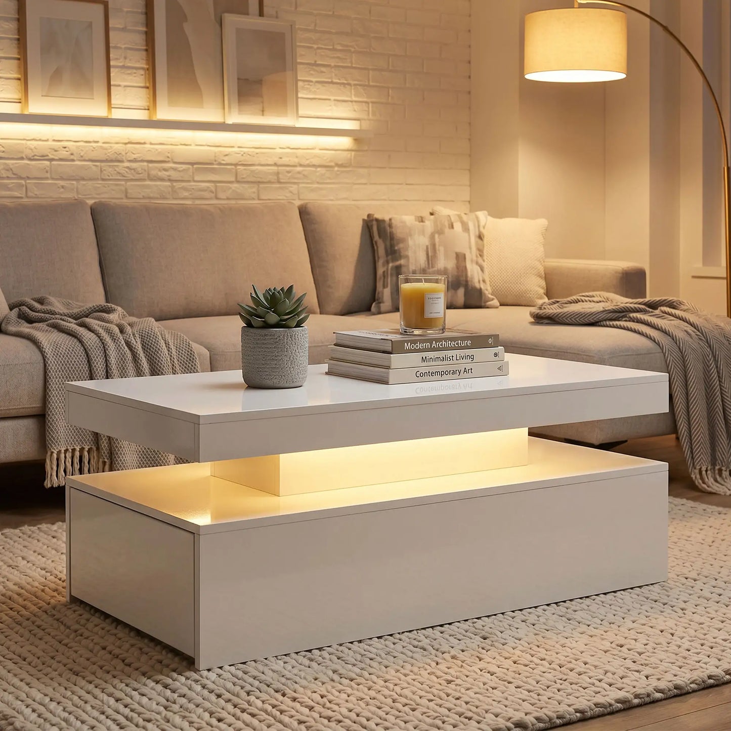LED Coffee Table With Storage, 2-Tier, White Coffee Tables at Gallery Canada