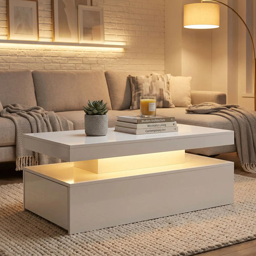 LED Coffee Table With Storage, 2-Tier, White