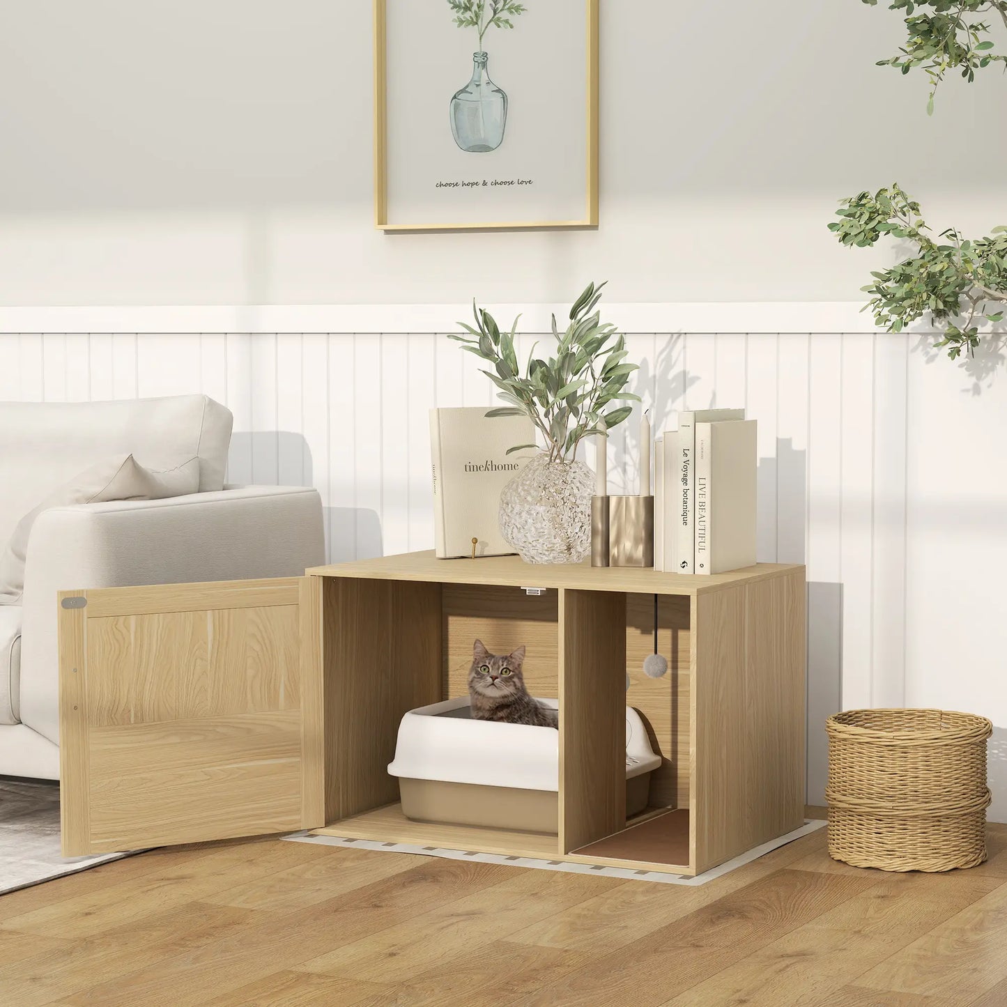 Cat Litter Box Enclosure, End Side Table, Rattan Door, Scratching Pad, Oak Cat Litter Box Enclosures at Gallery Canada