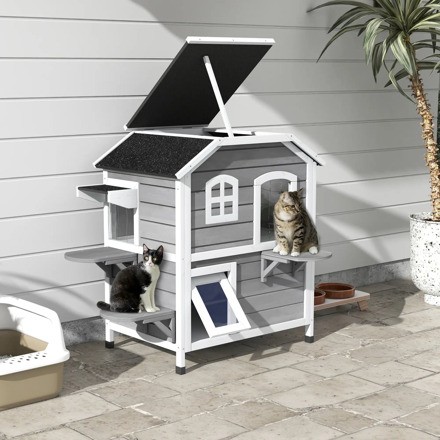 2-Storey Outdoor Cat House, Wooden Catio, Openable Roof, Grey Cat Houses at Gallery Canada
