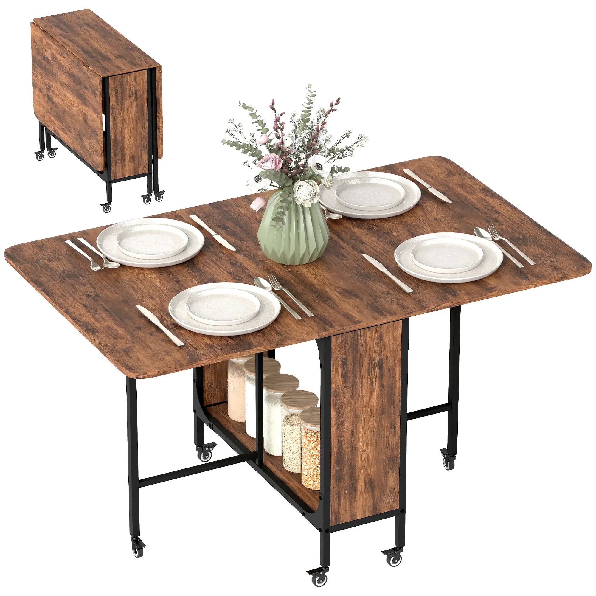 Folding Dining Table, Extendable Kitchen Table, Rustic Brown, 6 Wheels, Brown Dining Tables Rustic Brown at Gallery Canada