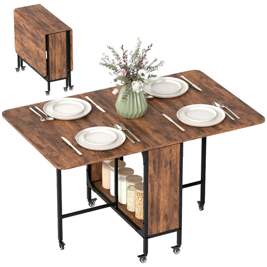 Folding Dining Table, Extendable Kitchen Table, Rustic Brown, 6 Wheels, Brown