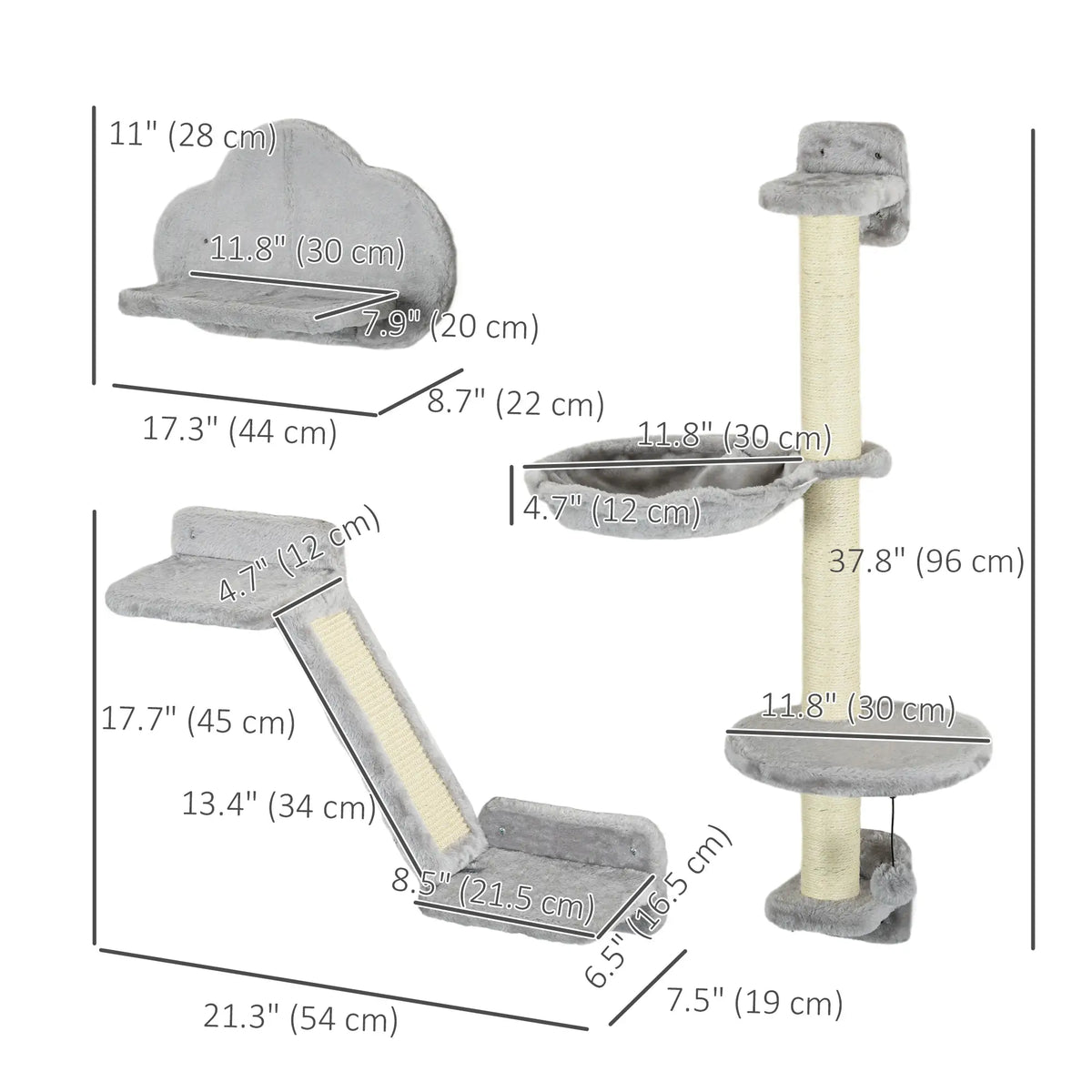3PCs Cat Shelves, Hammock, Scratching Posts, Platforms, Grey Cat Climbing Wall at Gallery Canada