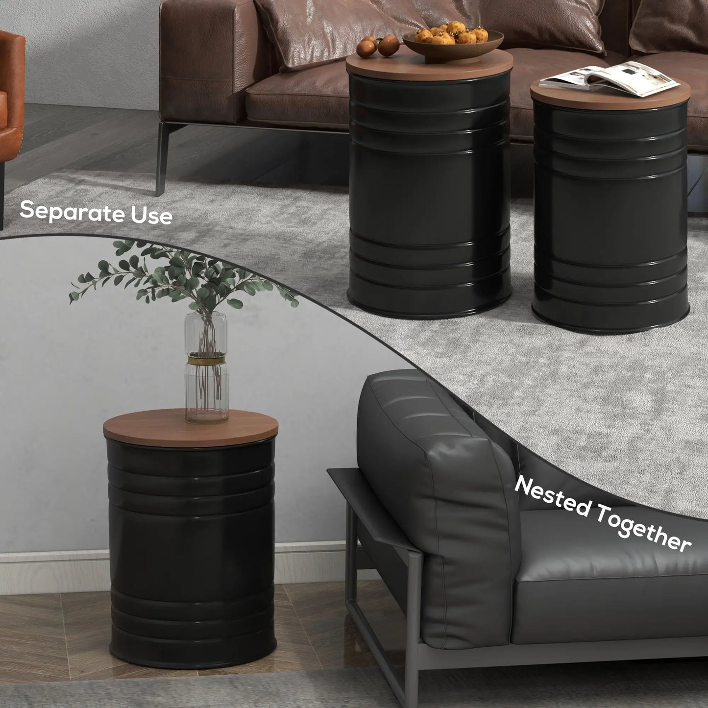 Round Side Table Set of 2, Nesting Coffee Tables, Wooden Lid, Metal Frame, Black Side Tables at Gallery Canada