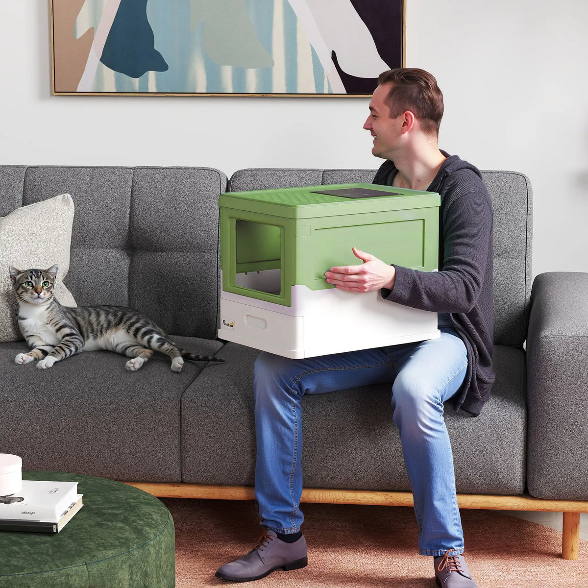 Top Entry Enclosed Kitty Litter Box, Scoop, Tray, Large, Foldable, Dark Green Cat Litter Box Enclosures at Gallery Canada