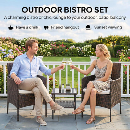 3-Piece Wicker Bistro Set, 2-Tier Glass Top Table, Beige Bistro Sets at Gallery Canada