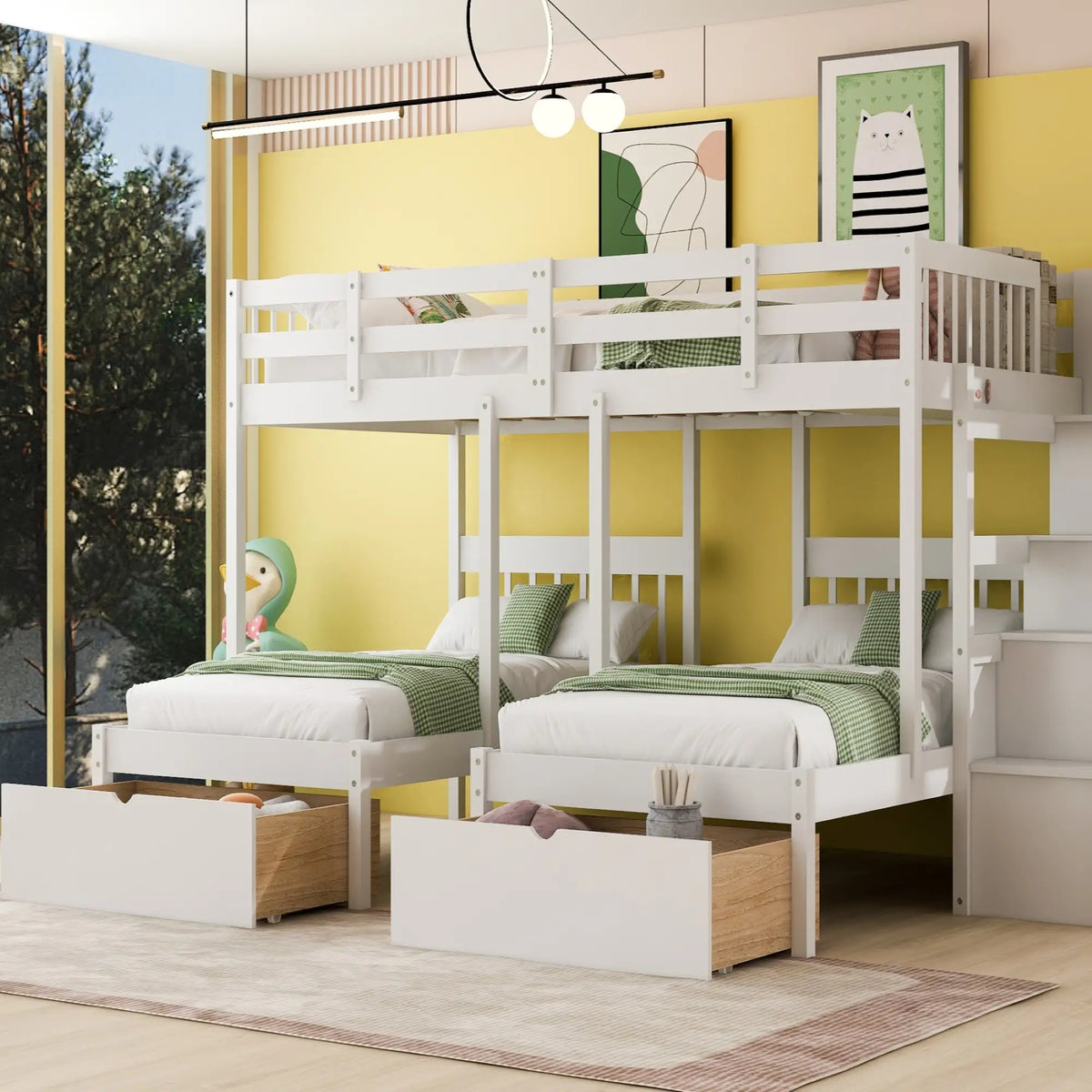 Twin Triple Bunk Bed with Storage Drawers, Pine Wood Frame, 115" L x 76" W x 64.5" H, White Bed Frames at Gallery Canada