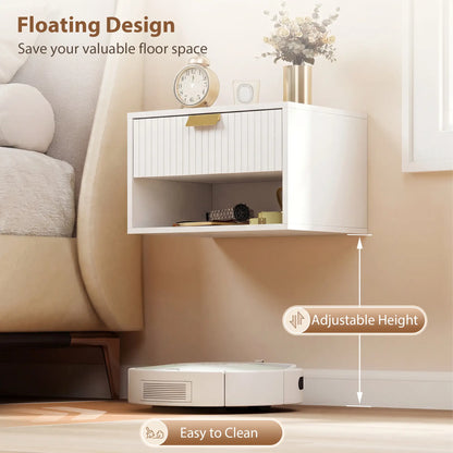 Set of 2 Floating Nightstands, Wall Mounted with Fluted Drawer and Shelf, White Bedside Tables at Gallery Canada
