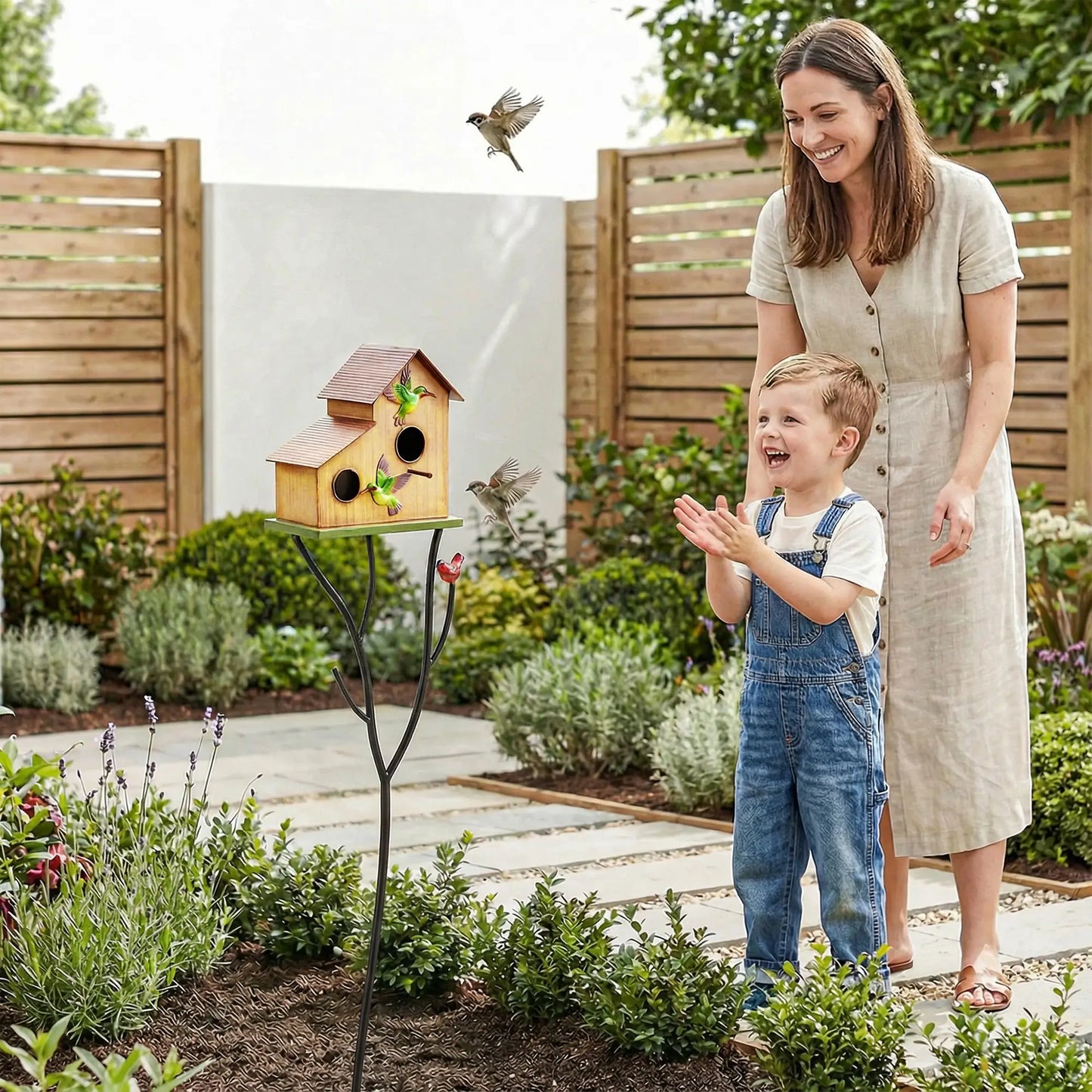 57" Outdoor Bird House With Pole, Double-Hole Metal Birdhouse, Yellow Birds at Gallery Canada